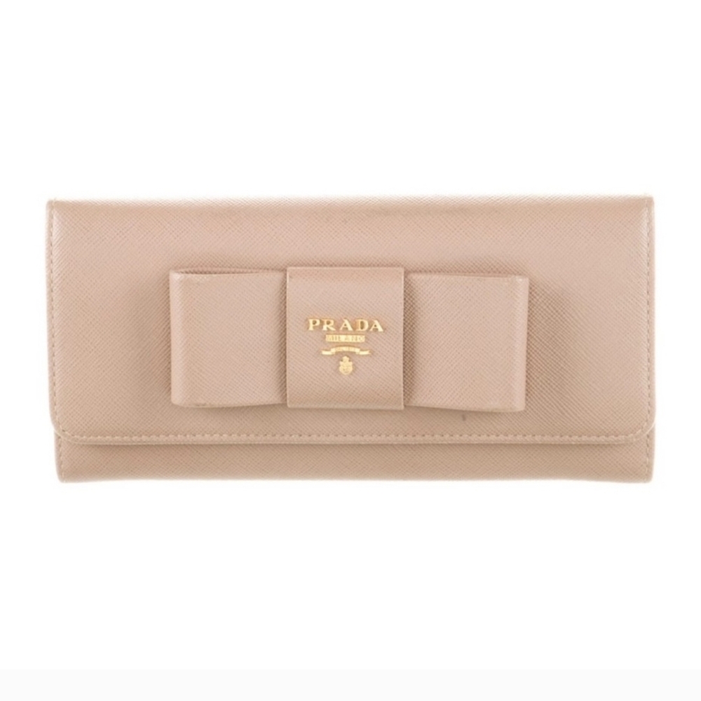 Prada Saffiano Leather Long Wallet with Bow – Nude (COA)